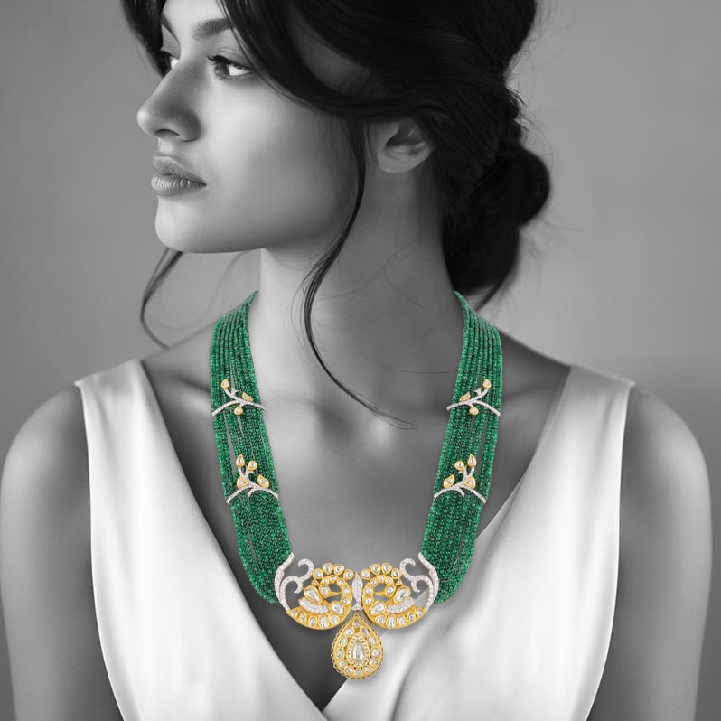 Layered Emerald Bead Necklace with Peacock Polki & Bud Motifs